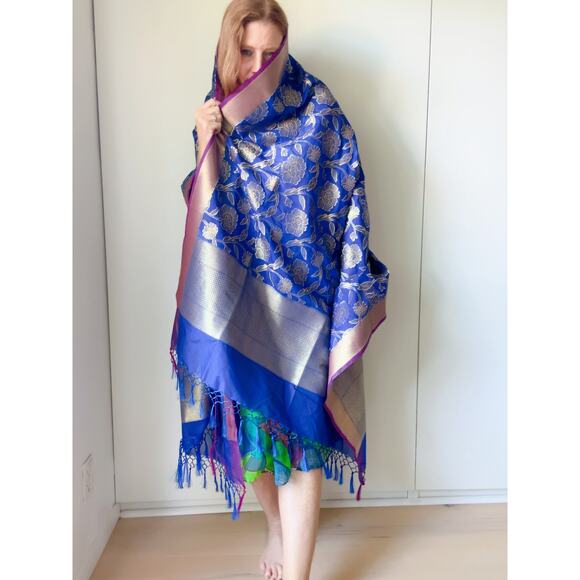 Duppotta Silk Scarf Blue /Purple tassel Trim Ethnic Accessories Wraps Formals - Picture 10 of 10